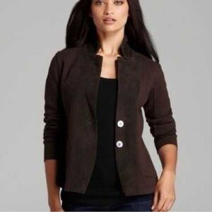 Eileen Fisher Brown Merino Wool Lamb Leather Trim Notch Collar Jacket Size L